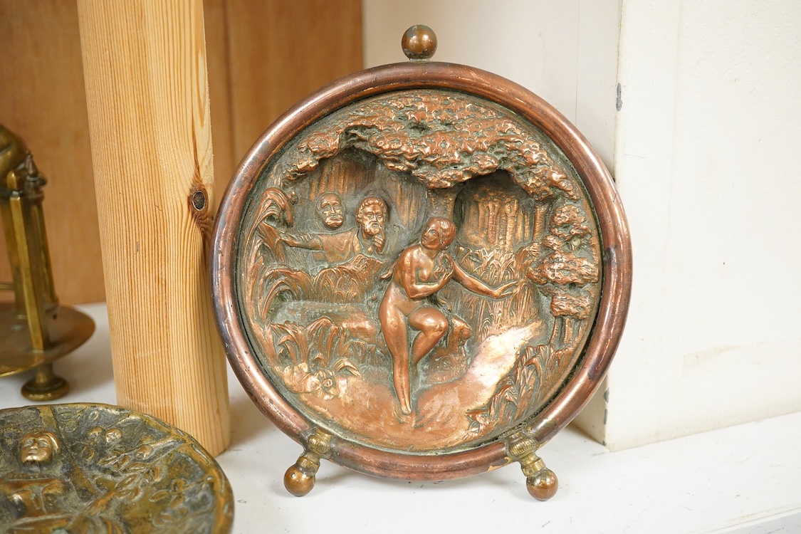 A collection of mixed metalware to include a copper plaque and brass ink blotter, together with a horn beaker